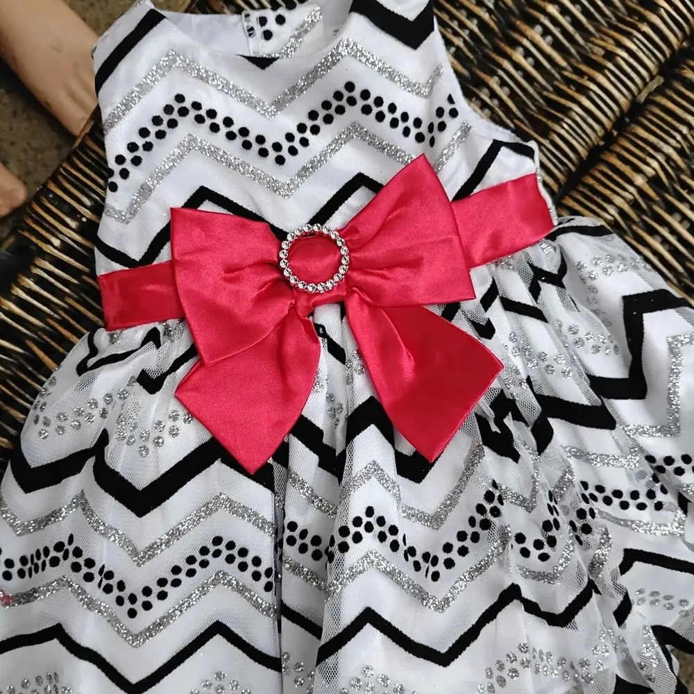 Youngland Black and White Dress with Silver Accents. Red Bow- Size 0-3 Mos